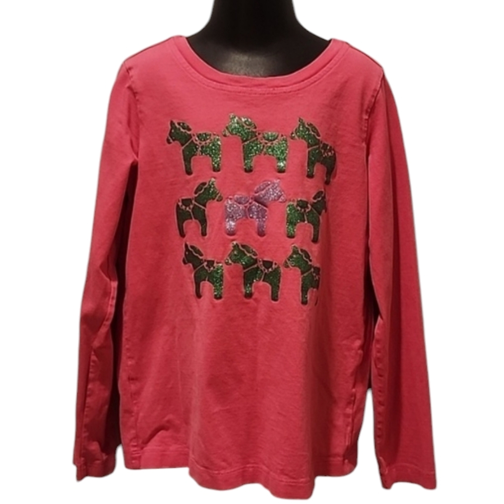 Hanna Andersson Pink and Green Glitter Dala Swedish Horse Long Sleeve TShirt 130